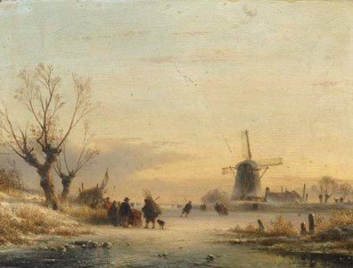 Numerous figures and a koek en zopie on the ice