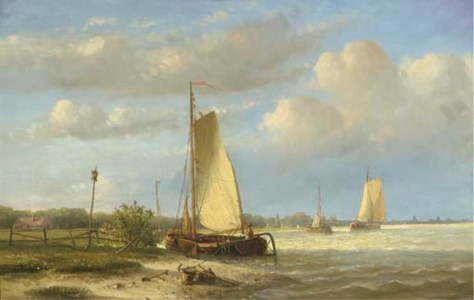 Sailing barges on a river; Vessels on a calm river