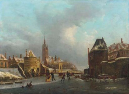 Winterfun on a frozen canal by the Oosterpoort, Delft