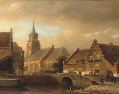 Figures crossing a bridge in a Dutch town