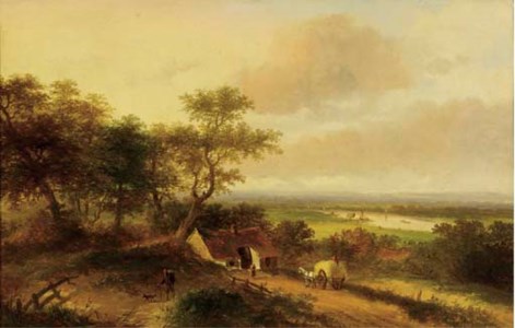 A haycart by a farm in a panoramic river landscape