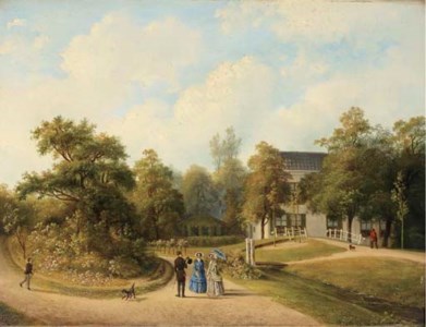 An elegant company promenading in the garden of a country house
