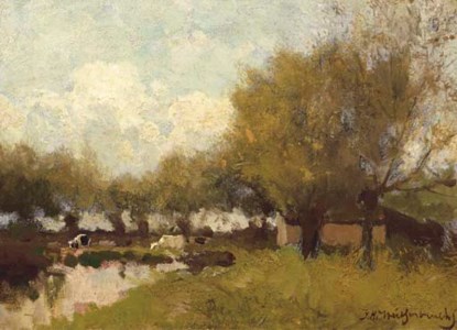 Cows under willows by a pond