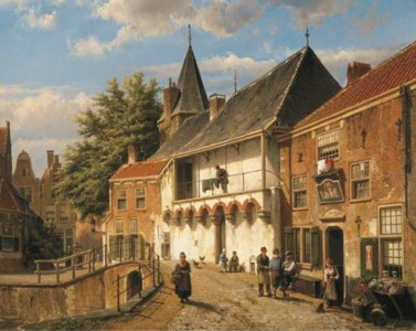 Dutch Street with Figures by an Inn by a Bridge
