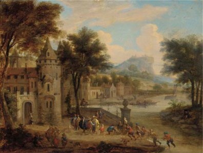 A river landscape with a fortified town