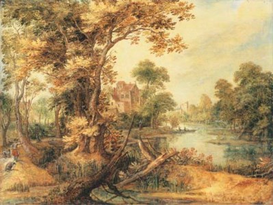 A wooded river landscape with a huntsman on a track, a village beyond