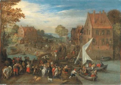 A crowded village landscape with wagons on a path and ferries crossing a river