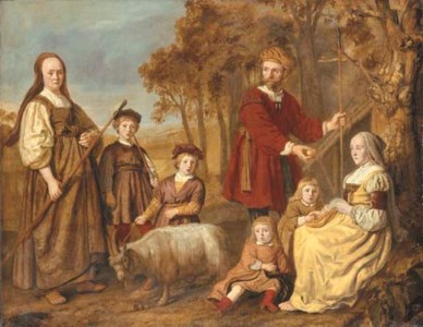 Group portrait of a family, full-length, in pastoral dress, in a landscape