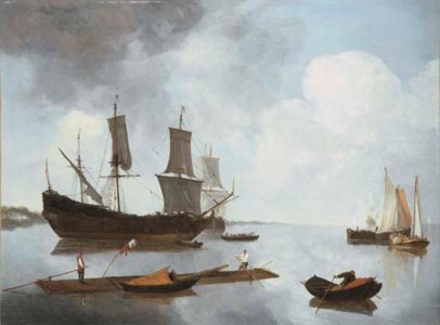A ferry and shipping in a calm off a coastline