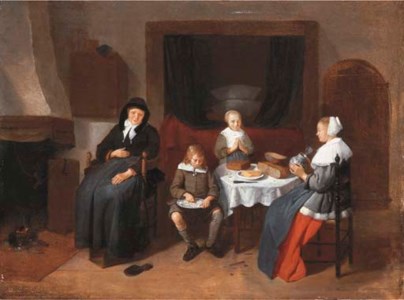 An interior with a family eating