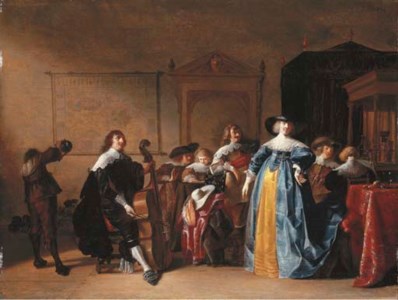 Elegant company in an interior with a gentleman playing the cello