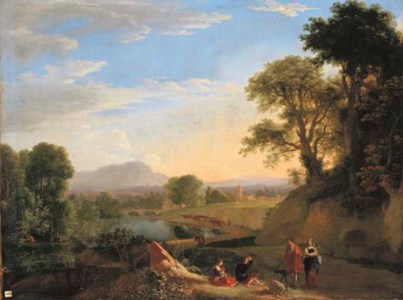 An Italianate river landscape with travellers conversing on a path and peasants fishing from a boat beyond