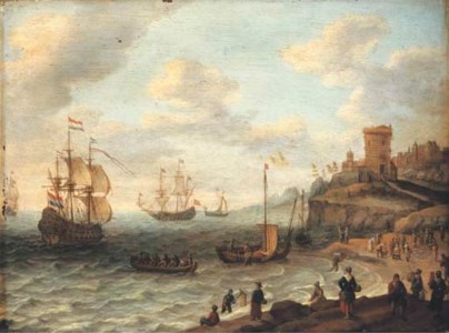 A coastal landscape with shipping and fishermen selling their catch, a fortified settlement on the cliffs beyond