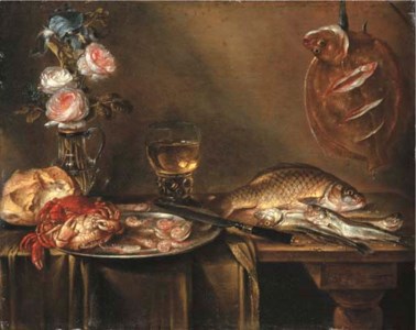 Roses and an iris in a glass vase, crabs and prawns on a pewter platter, a bread roll, a roemer and fish on a partly draped table