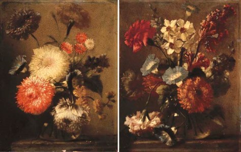 Mixed flowers in a glass vase on a stone ledge; and Mixed flowers in a glass vase on a stone ledge