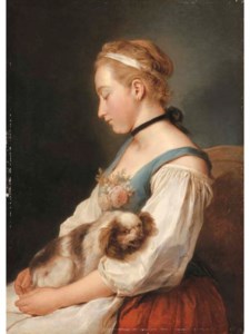 Portrait of a young woman, half-length, holding a spaniel