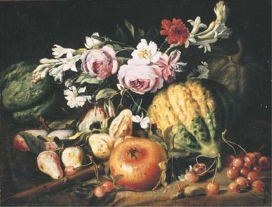 Melons, figs, cherries, a pomegranate and mixed flowers in a clearing
