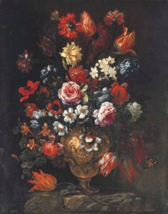 Tulips, roses, poppies, chrysanthemums, hyacinths and other flowers with butterflies in a sculpted vase on a ledge
