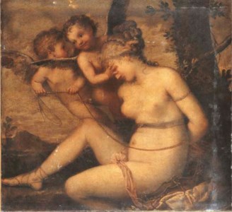 Venus being bound by two putti