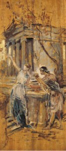 Personnages devant un temple