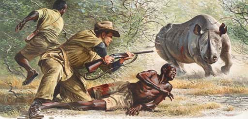 Crouched beside a gored boy the hunter had barely time to snatch up his rifle when the emerged rhino came slamming back to finish the bloody job he'd started