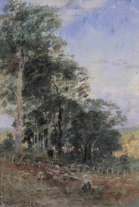 Sheep Grazing near a Wooded Landscape