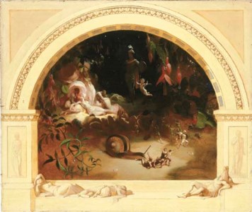 Titania asleep There sleeps Titania some time of the night Lull'd in these flowers with dances and delight A Midsummer Night's Dream , Act II, scene 1.