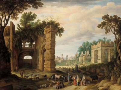 The Roman Forum with drovers and watercarriers on a path in the foreground