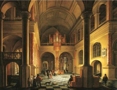 The interior of a Protestant church at night with elegant figures in the foreground