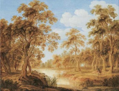 A wooded landscape with a stream and a stag