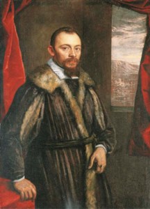Portrait of a Gentleman, said to be Vincenzo Morosini, three-quarter-length, in a fur-trimmed coat, before a red curtain, a landscape beyond the window