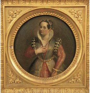 Portrait of a Lady, small three-quarter-length, in a red dress and jewel embroidered belt