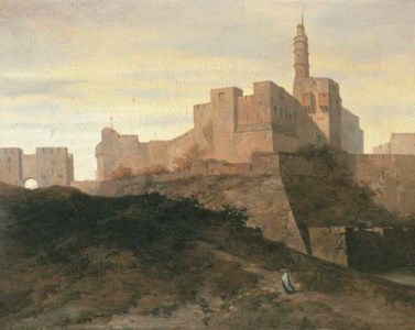 Jerusalem, a view of the city walls with the Gate of Jaffa and the Tower of David