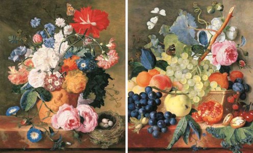 Roses and other flowers in a terracotta vase with a bird's nest on a marble ledge and; Fruit and peonies in a basket with hazelnuts on a marble ledge