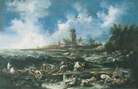 Castaways landing on the beach after the storm, a village beyond