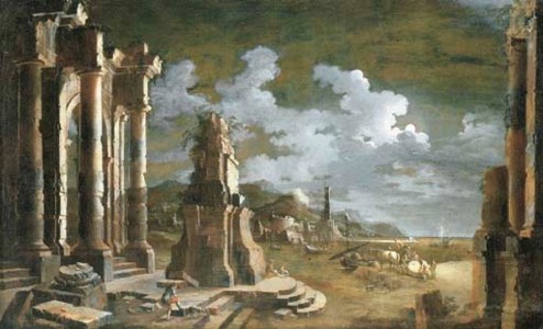 Figures amongst ruins in a moonlit Mediterranean port