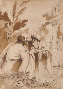 The two Elders conversing, Susannah in the background entering the bath