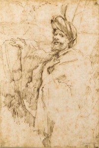 Portrait of a turbanned man holding a book, with a phoenix and a pyramid in the background: possibly a self-portrait