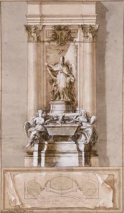 Design for the tomb of Pope Clement XI Albani with allegories of Strength and Religion flanking a sarcophagus