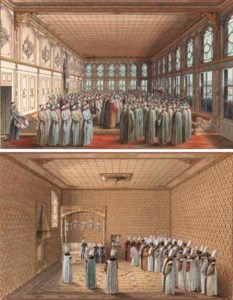 The Reception of an Ambassador by the Grand Vizier at his yali on the shores of the Bosphorus; and The Presentation of an Ambassador to the Sultan in the Hall of Petitions of the Topkapi Palace, Constantinople
