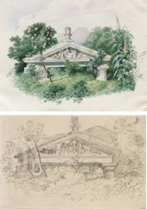 The pediment of a Doric building amid dense vegetation; and A study for the same