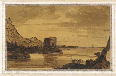 A coastal landscape with a ruined tower