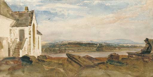 A figure in a churchyard above a river