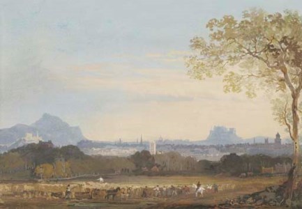 A distant view of Edinburgh from the north-east showing the Castle, St Giles Cathedral on the Royal Mile and Salisbury Crags