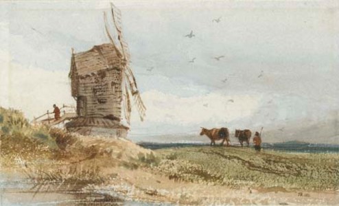 A windmill with cattle and a drover beneath
