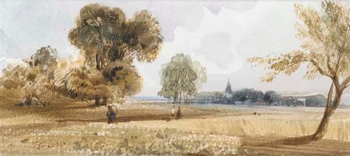 Figures walking on a path through a cornfield, a church beyond