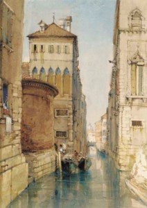 A Venetian canal, with men unloading two gondolas