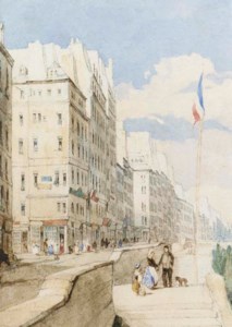Figures and a dog on the quayside, Paris, near the Pont Neuf