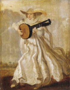 A lady dancing and playing the lute in a landscape