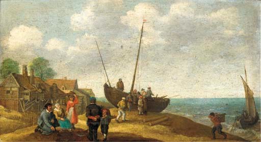 A coastal landscape with fish sellers by a beached boat, a village beyond